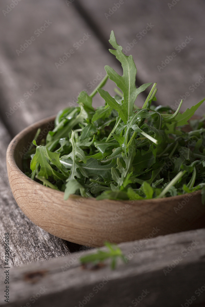 Salad greens arugula. food photography, dark background