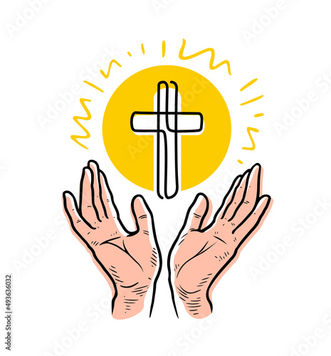 Obraz na plátně Hands raised in prayer and cross as symbol of faith in God
