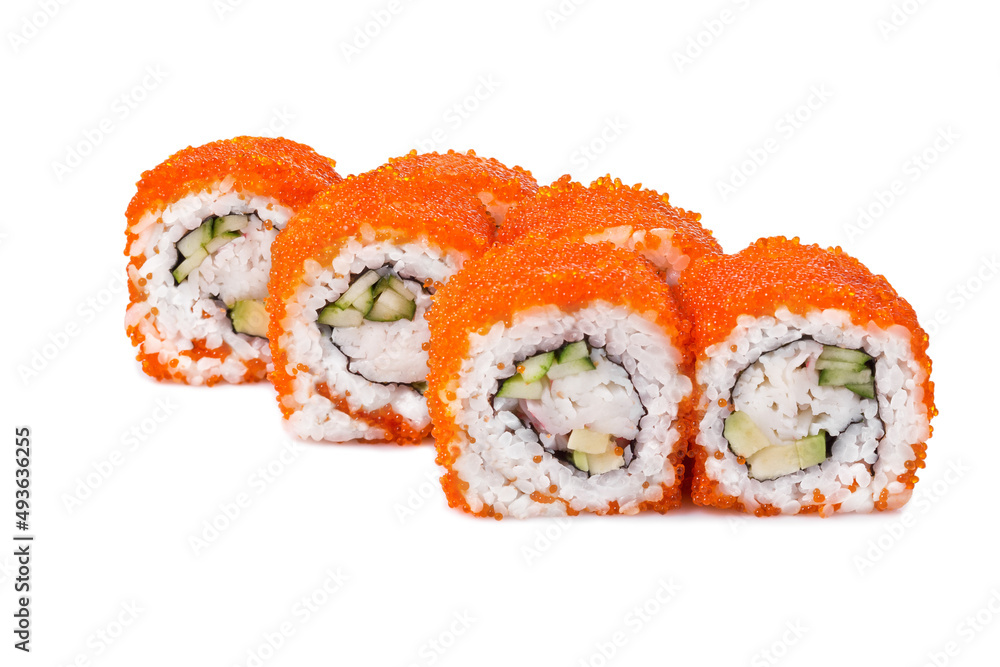 Sushi set of rolls red caviar. Photo of food on a white background Sushi set of rolls red caviar. Photo of food on a white background