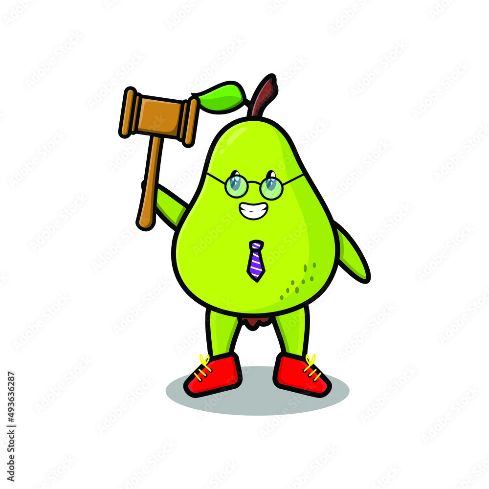 Cute cartoon mascot character wise judge pear fruit wearing glasses and holding a hammer with cute modern style design Cute cartoon mascot character wise judge pear fruit wearing glasses and holding a hammer with cute modern style design