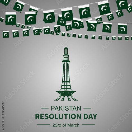 23rd March Resolution Day Grey Background with flags & Minar-e-Pakistan