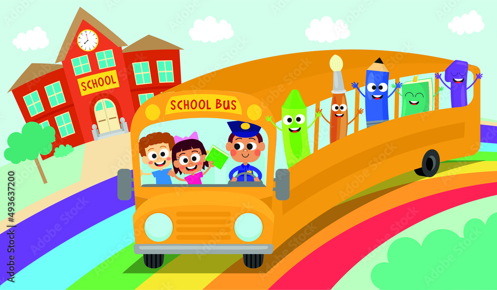 Cute kids and school objects on the school bus Cute kids and school objects on the school bus