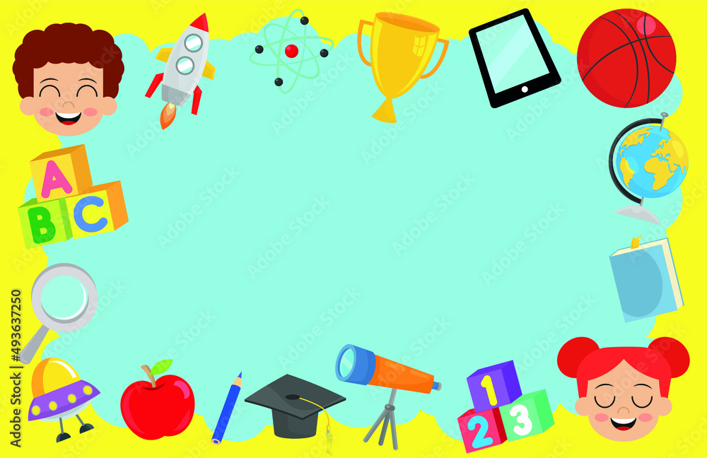 Obraz premium Cute kids and school objects tag