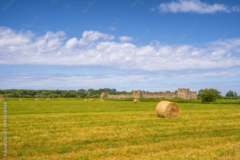 Agricultural field with harvested hay and stacks in summer. Haystacks Agricultural field with harvested hay and stacks in summer. Haystacks