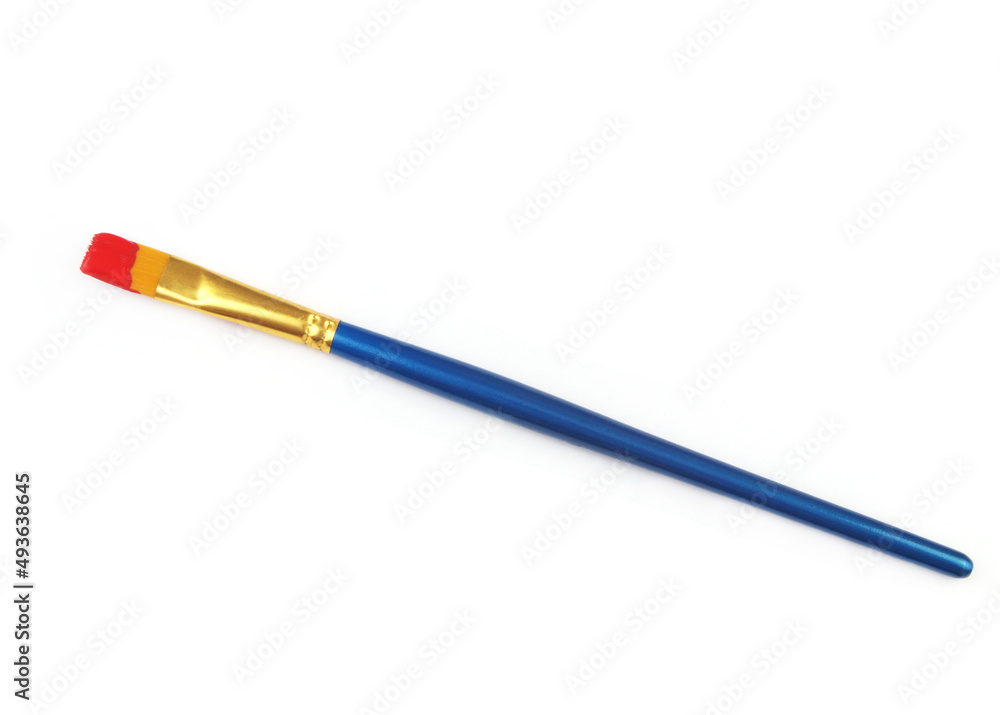 Blue paintbrush with red paint on white background. Blue paintbrush with red paint on white background.