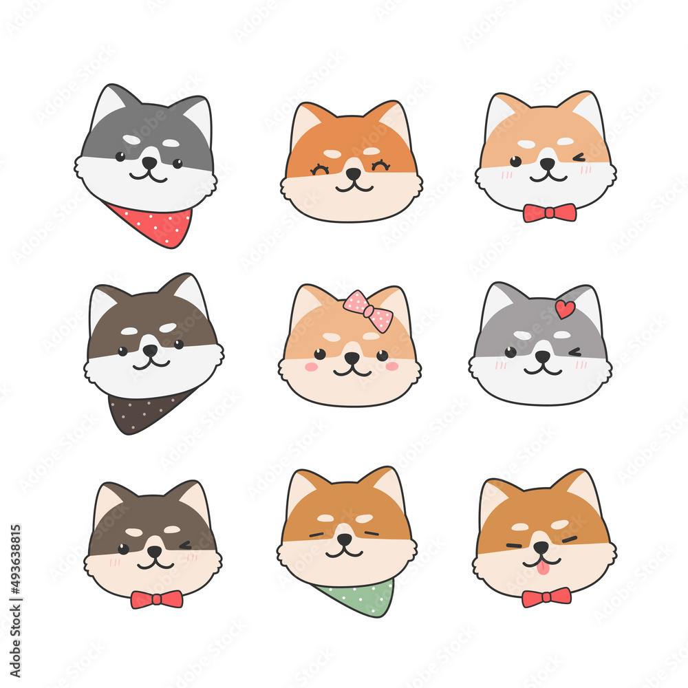 Set of Shiba Inu Dog Cartoon Doodle Head Element Illustration