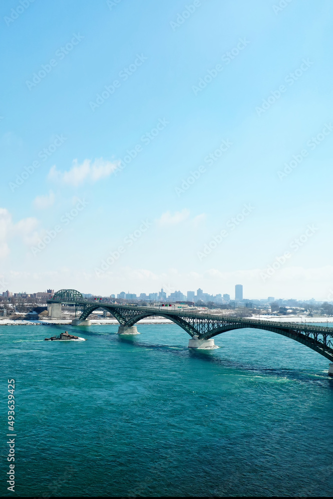 Aerial vertical of the Peace Bridge between Fort Erie, Canada and Buffalo, United States