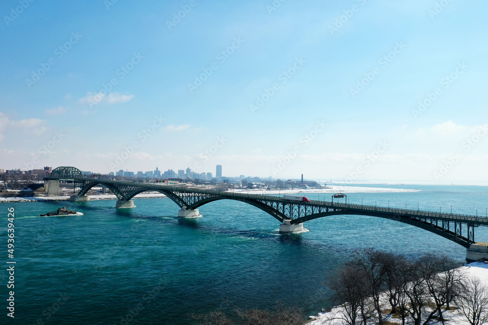 Aerial of the Peace Bridge between Fort Erie, Canada and Buffalo, United States Aerial of the Peace Bridge between Fort Erie, Canada and Buffalo, United States