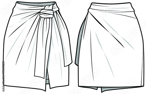 Women Short Sarong Skirt, Wrap Around Mini Skirt, Wrap Short skirt, Beach Mini Skirt Front and Back View. fashion illustration vector, CAD, technical drawing, flat drawing.