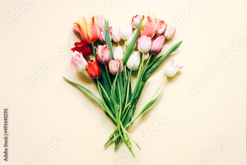 Bouquet of colorful tulips on light background, top view