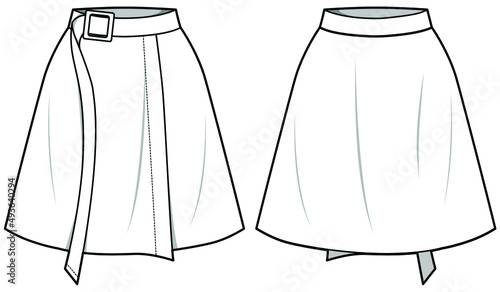 Women Wrap Short Skirt with Belt, Wrap Around Mini Skirt, Wrap School skirt Front and Back View. fashion illustration vector, CAD, technical drawing, flat drawing.