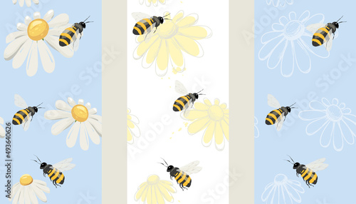 Set seamless patterns with chamomile and bee. Vector illustration in watercolor painting style. Background for packaging, textiles, printing.