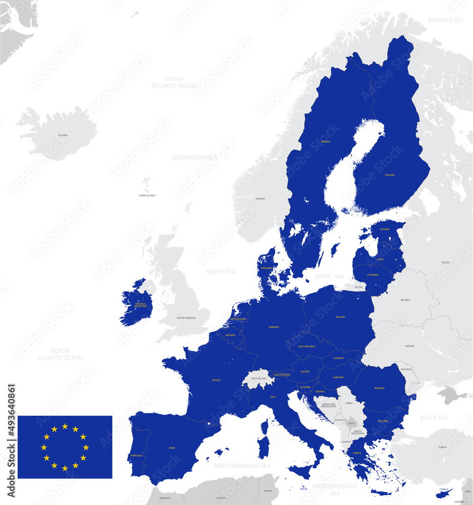 Detailed map of the European Union with flag, member states highlighted 