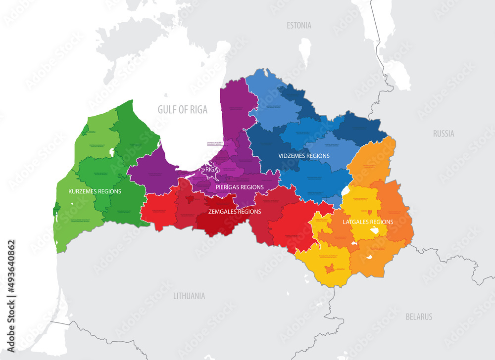 Obraz premium Map of the Statistical regions of Latvia, State cities and municipalities as of 2021, detailed vector illustration