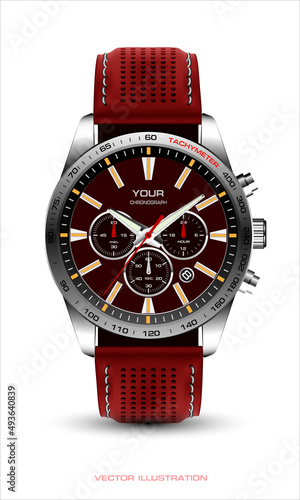 Realistic watch clock chronograph metal red leather strap on white design classic luxury for men vector