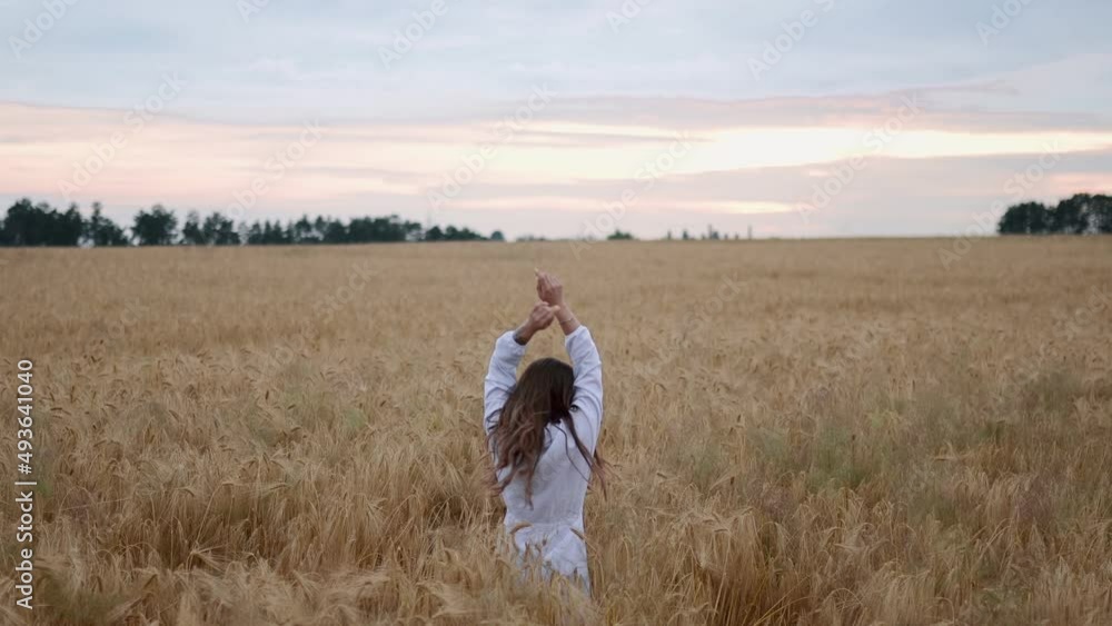 Pretty child in the wheat field. Happy young girl play in the field at sunset. Happy kid playing in the wheat field on a warm summer day at sunset. Pretty child in the wheat field. Happy young girl play in the field at sunset. Happy kid playing in the wheat field on a warm summer day at sunset.