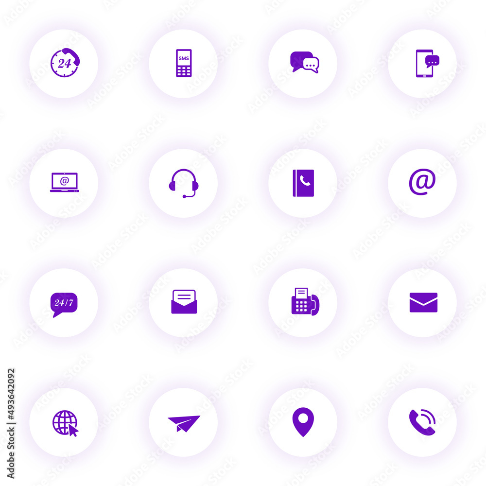 contact us purple color vector icons on light round buttons with purple ...
