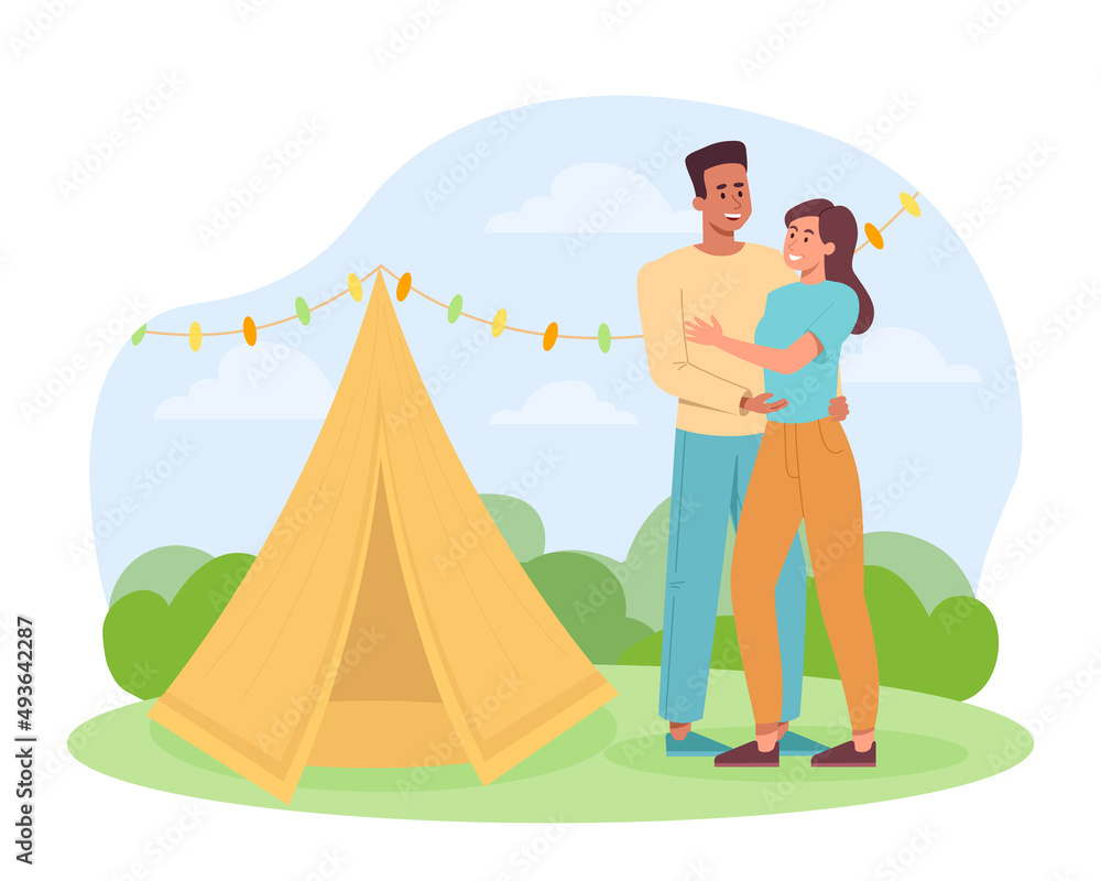Romantic hike or trip concept. Young man and woman set up tent, hug each other and smile. Couple resting and relaxing on date or vacation in woods or mountains. Cartoon flat vector illustration