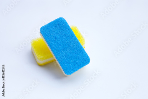 Cleaning kitchen dishwashing sponge. Copy space