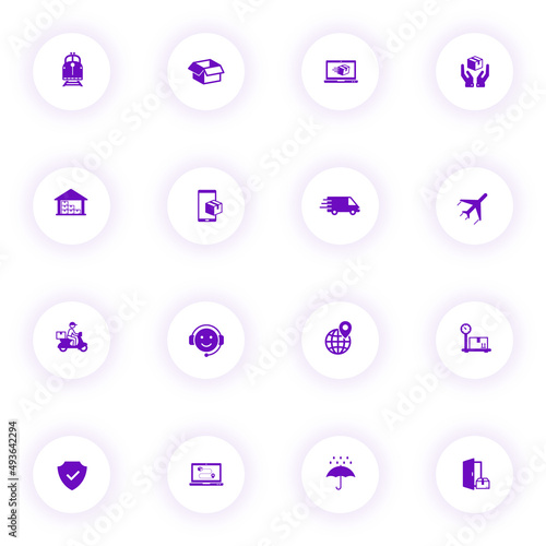 delivery purple color vector icons on light round buttons with purple shadow. delivery icon set for web, mobile apps, ui design and print