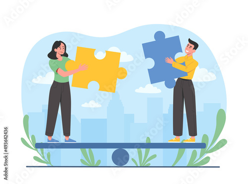 Gender equality concept. Smiling man and woman maintain balance and hold pieces of suitable puzzles. Tolerance, equal rights and opportunities for female and male. Cartoon flat vector illustration