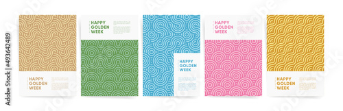 Golden week japan vertical poster template set for flyer, a4 placard, presentation, asian background, asian background. Golden week holiday promo layout in colorful colors with geometric patterns.