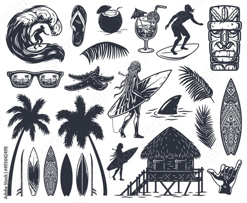Surfing set of elements with surfer and syrf on wave. Shaka, shark starfish on coast and surfboard for summer vector t-shirt hawaii apparel design