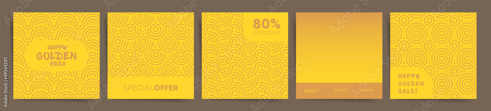 Obraz premium Golden week japan square template set for social media posts, card or flyer covers, asian background. Golden week holiday promo layouts with seigaiha sunny wavy pattern