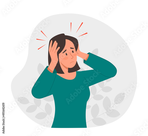 Headaches and migraines concept. Young sad woman hold her head and suffers from pain. Brain diseases, psychological and mental disorders, symptoms of viral infections. Cartoon flat vector illustration