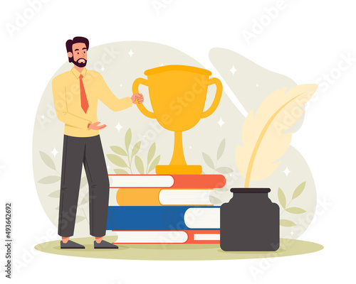 Man getting award for literary works concept. Male character stands next to books and ink and holds gold cup. Writer or author of novels, short stories. Education. Cartoon flat vector illustration