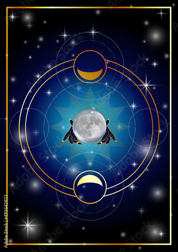 Witchcraft ritual with full moon waxing and waning moon phases