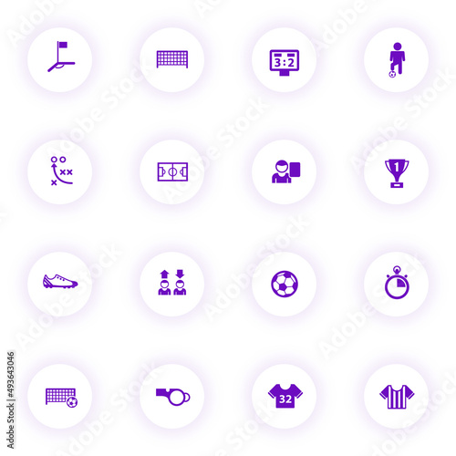 football purple color vector icons on light round buttons with purple shadow. football icon set for web, mobile apps, ui design and print