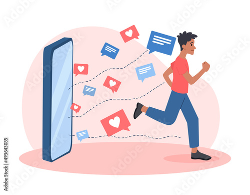 Concept of person overwhelmed by internet notifications. Young man runs away from large smartphone with messages, likes, speech bubble and social networks. Cartoon modern flat vector illustration