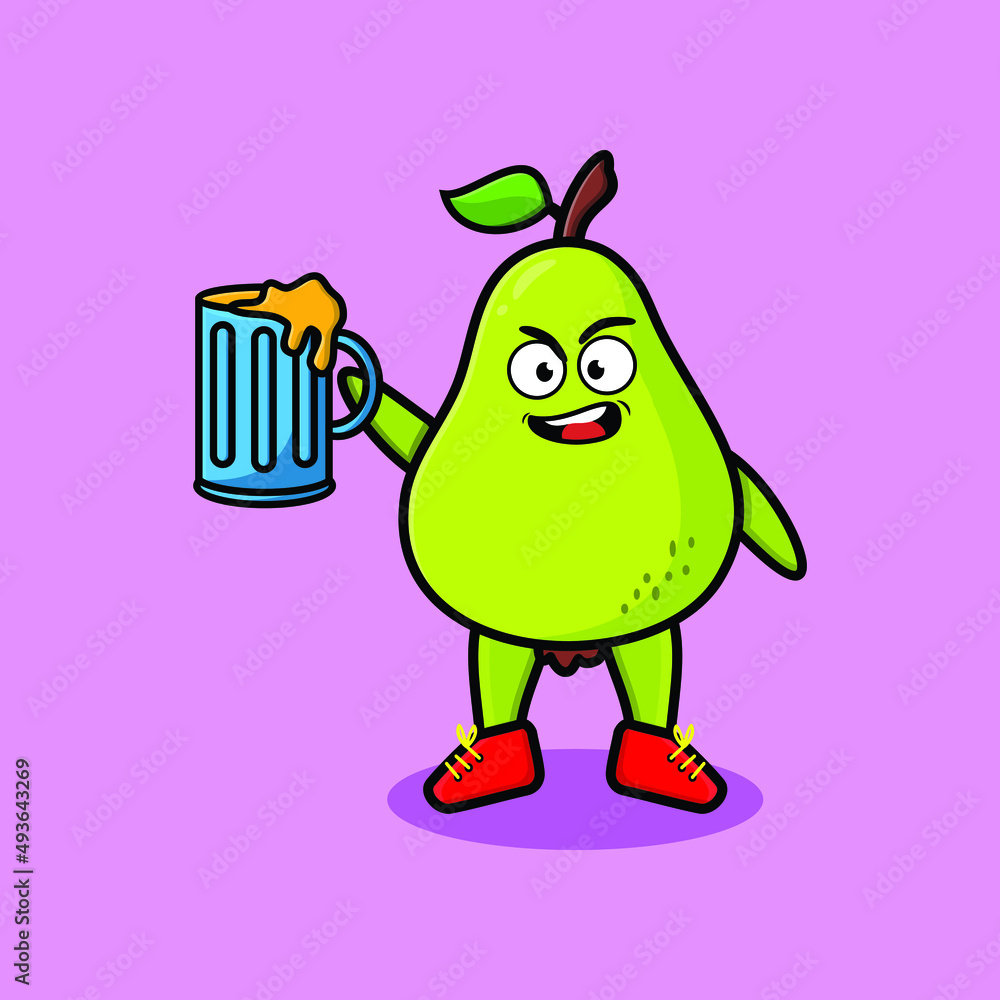 Fototapeta premium Pear fruit cartoon mascot character with beer glass and cute stylish design