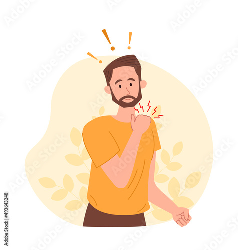 Neck pain abstract concept. Young bearded man touching his neck and suffering from pain. Pinched nerves, muscle pain, arthritis and curvature of spine. Cartoon contemporary flat vector illustration