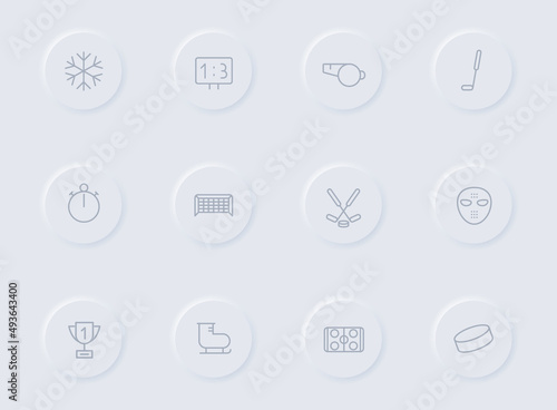 hockey gray vector icons on round rubber buttons. hockey icon set for web, mobile apps, ui design and promo business polygraphy