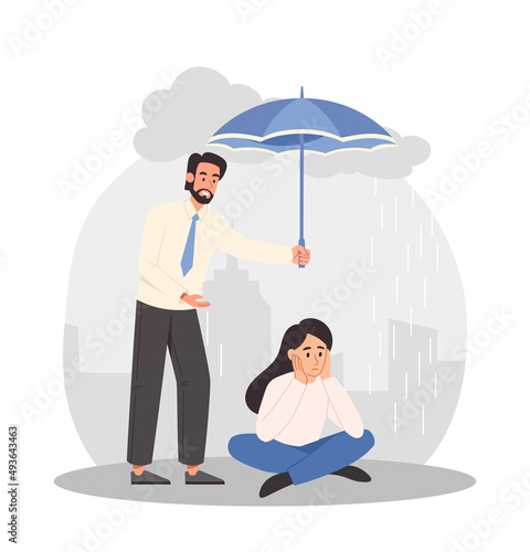 Helping hand and support concept. Unhappy woman with depression sitting on floor on rainy day and sad, and man holding umbrella over her. Sympathetic friend. Cartoon flat vector illustration