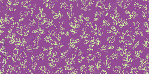 Spring Seamless Pattern. Floral elements in doodle style. Purple background. Watercolor tropical green Flowers and leaves. Wedding Patterns with colorful leaf and Flower