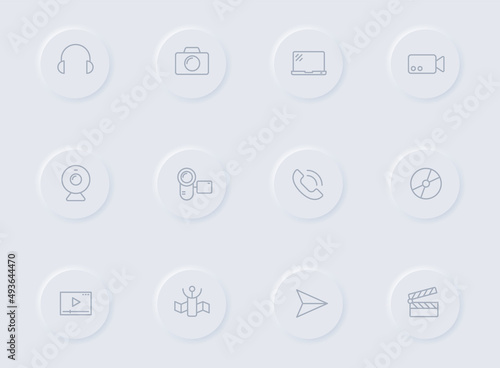media gray vector icons on round rubber buttons. media icon set for web, mobile apps, ui design and promo business polygraphy