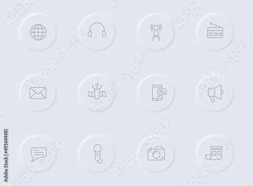 media gray vector icons on round rubber buttons. media icon set for web, mobile apps, ui design and promo business polygraphy