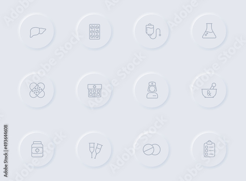 medical gray vector icons on round rubber buttons. medical icon set for web, mobile apps, ui design and promo business polygraphy
