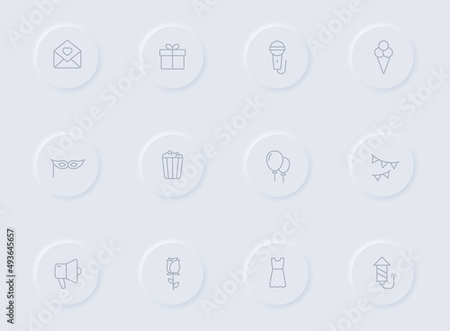 party gray vector icons on round rubber buttons. party icon set for web, mobile apps, ui design and promo business polygraphy