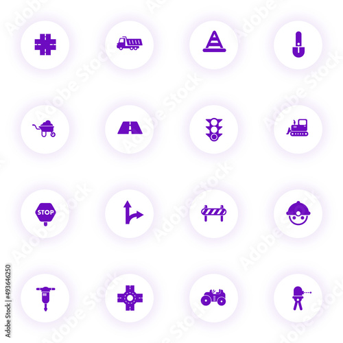 road repairs purple color vector icons on light round buttons with purple shadow. road repairs icon set for web, mobile apps, ui design and print