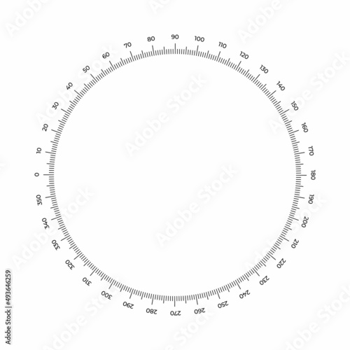 Vector illustration round meter scale isolated on white background. Measuring circle scale in flat style. Circular ruler template. 360 degrees. Protractor grid.