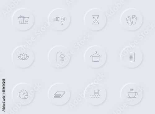 sauna gray vector icons on round rubber buttons. sauna icon set for web, mobile apps, ui design and promo business polygraphy