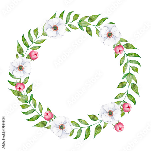 watercolor wreath with flouwers, leafs photo