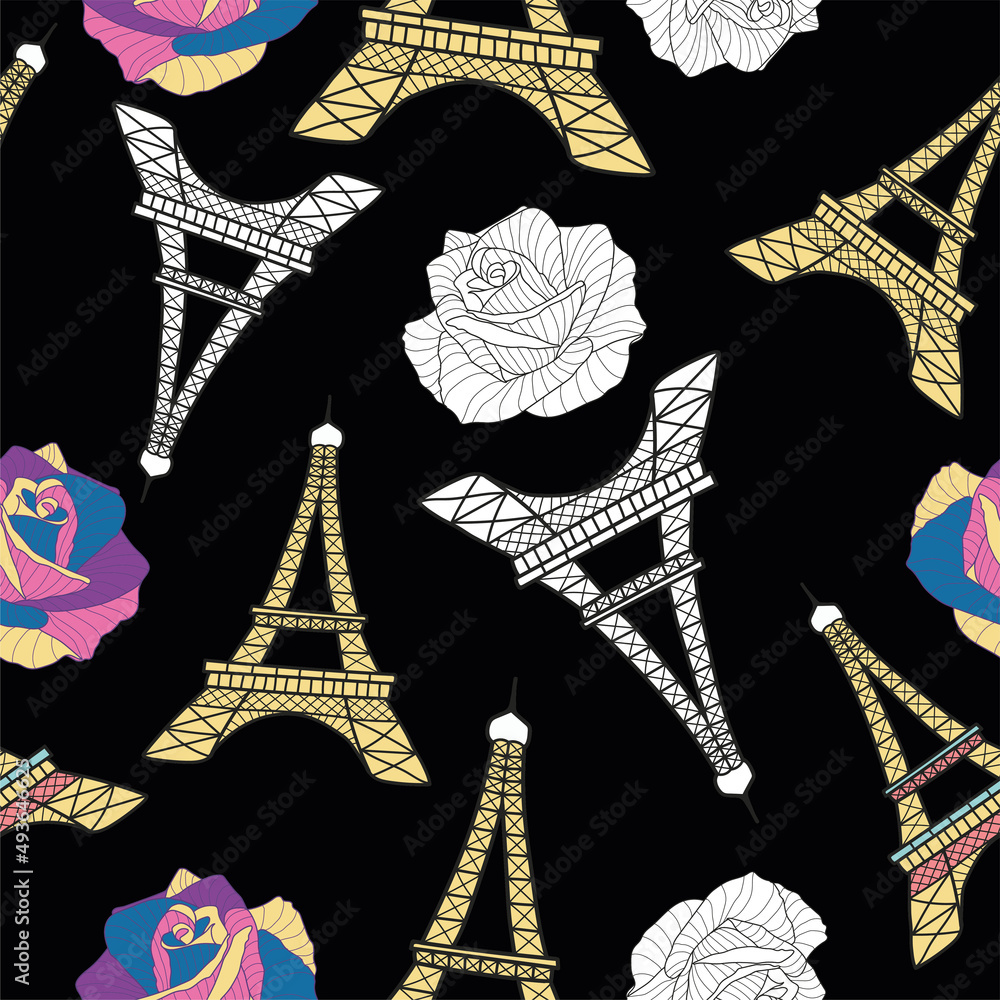 Eiffel Tower, Dancing Girls and Roses Seamless Pattern. French vector ...