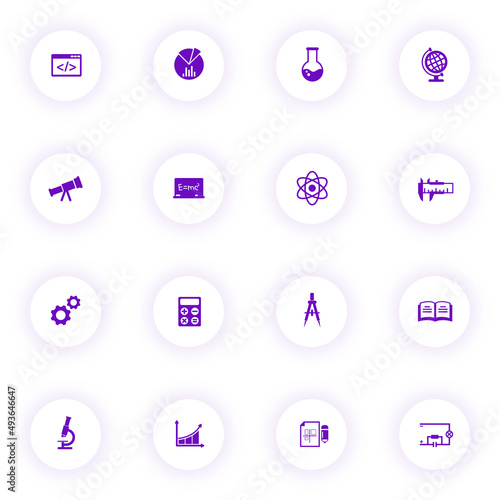 scince purple color vector icons on light round buttons with purple shadow. scince icon set for web, mobile apps, ui design and print photo
