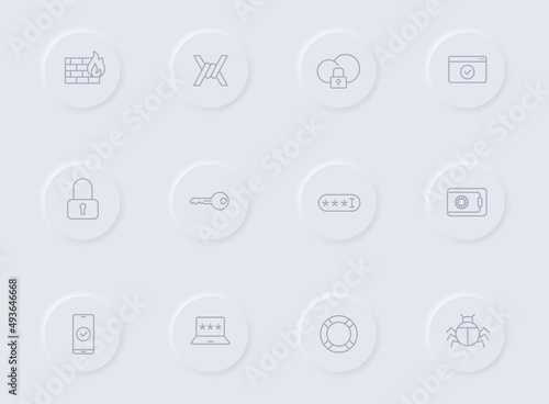 security gray vector icons on round rubber buttons. security icon set for web, mobile apps, ui design and promo business polygraphy