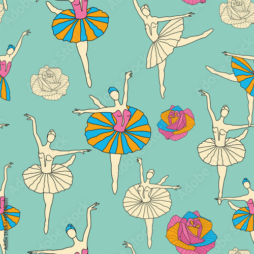 Dancing Girls and Roses Seamless Pattern. French vector green background. Vintage fabric design in pastel colors